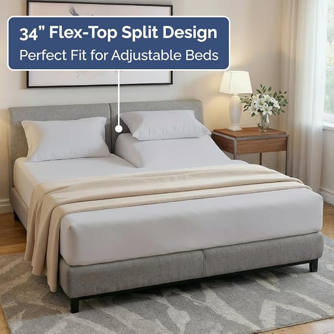Split Head King Sheet Set – 4 Piece Flex Split Top King Sheets for Adjustable Beds - Fits 14” to 16" Mattress w/ Deep Pockets - Soft, Breathable & Cooling - Luxury Bedding & Wrinkle Free - French Grey