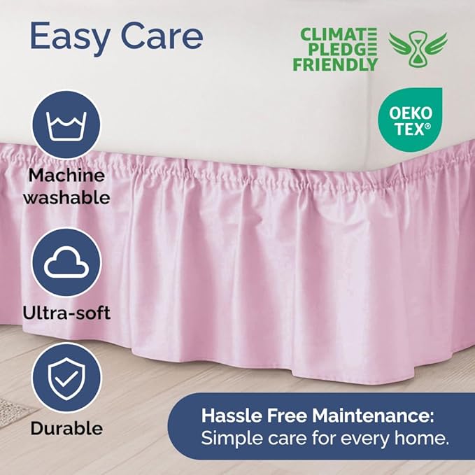 Wrap Around Dust Ruffle Bed Skirt - Light Pink - Twin/Twin XL Size Beds with 12 Inch Drop - Elastic Strap - Adjustable Pleated Bedskirt with Brushed Fabric and Wrinkle Free - Women, Men, Kids & Teens