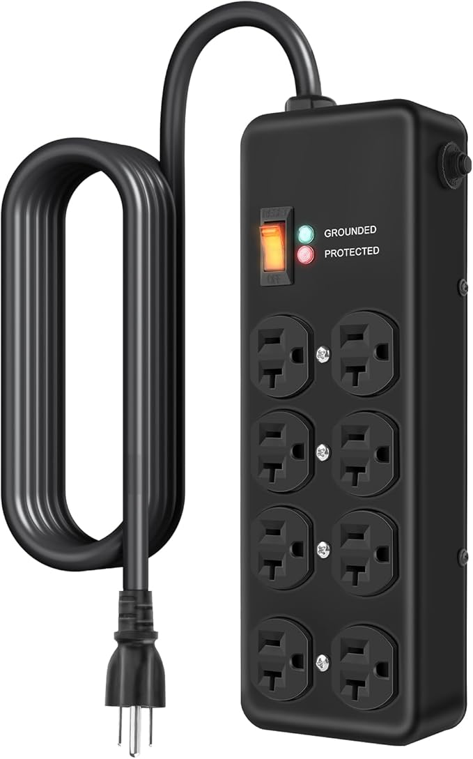 Heavy Duty Surge Protector 20Amp,Metal Power Strip with 8 Outlets,Wall Mount Surge Protector 4800J,12 Gauge 10FT Extension Cord 5-15P Adapter Workshop & Industrial Use with 6-20R T-Slot Outlets