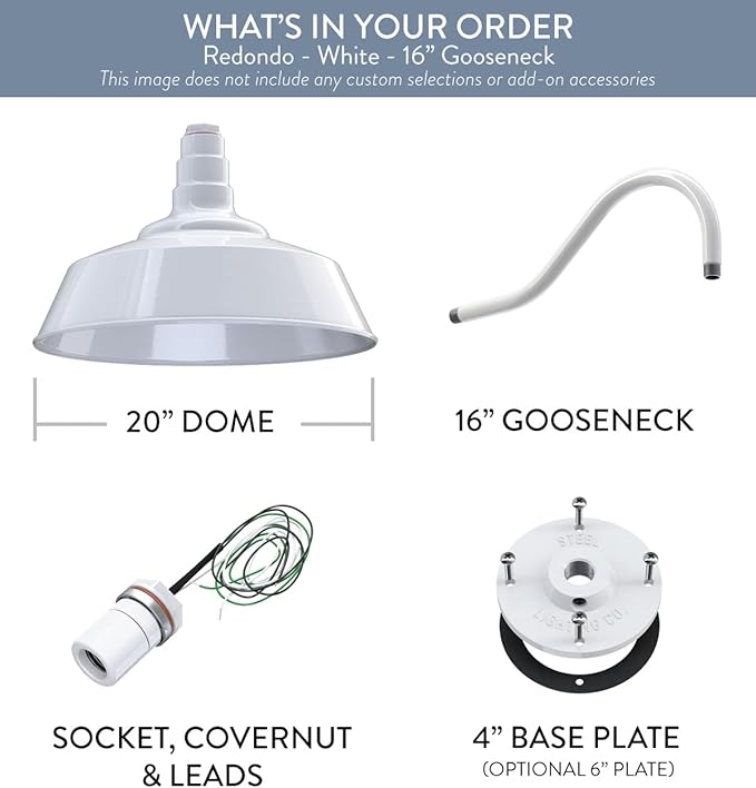 Steel Lighting Co. Large Outdoor Barn Light | Gooseneck Light Fixture | Made in America from 18-Gauge Steel | 20" Dome | 16" Gooseneck White Exterior/White Interior