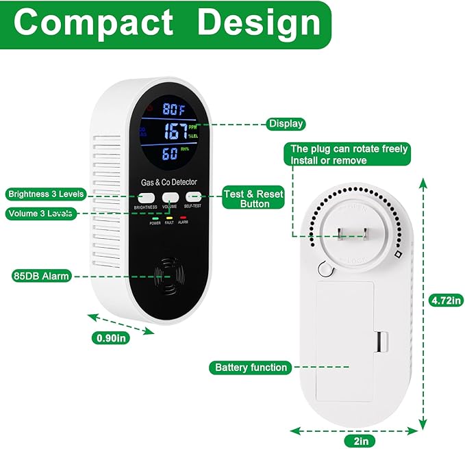 5-in-1 Combination Gas & Carbon Monoxide Detector with Battery Backup,Plug in Natural Gas Detector & CO Alarm with Temperature(°F) & Humidity Sonsor,Propane & CO Detector for Home,RV,Apartment