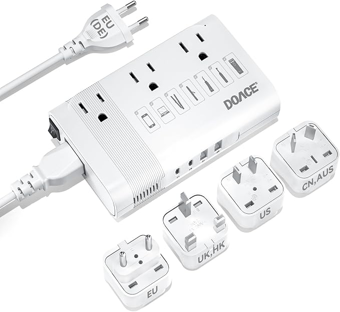 DOACE 220V to 110V Converter for European Travel - 350W 7 in 1 Voltage Converter US to Europe with 3AC, 2QC+2PD for Using U.S. Devices Abroad - Hair Straightener Shaver Toothbrush Laptop Camera Phone