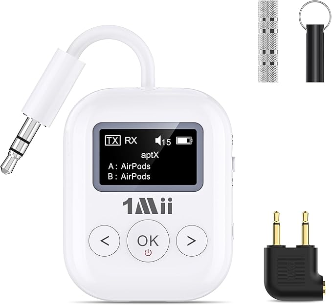 1Mii SafeFly Min+ Bluetooth Transmitter and Receiver,Bluetooth Adapter for Airplane, Supports to 2 AirPods/Headphones,Use with Any 3.5mm Jack on Airplanes, Gym, TVs, Car, Home, Boat(White)