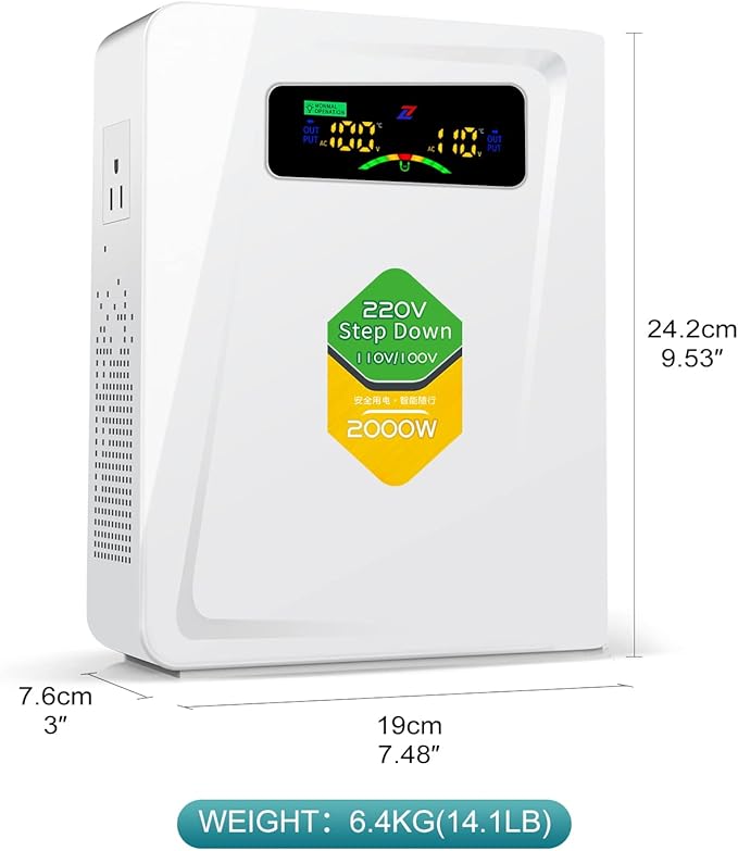 Step Down Transformer 220v to 110v Voltage Converter 2000w, No Noise, Ten Protection Functions, Suit for Juicer, Toaster, Chocolate Machine and Other US Appliances Used in Europe