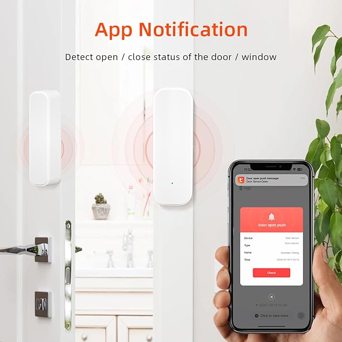 WiFi Door Sensor Window Detector: Smart Magnetic Door Open Detector with App Alerts, Wireless Home Security Contact Sensor, Tuya App Remote Control, Compatible with Alexa Google Assistant (2-Pack)