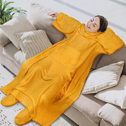 PAVILIA Fleece Blanket with Sleeves, Foot Pockets for Women Men Adults, Plush Wearable Blanket Throw Wrap, Warm Snuggle Blanket Robe, Cozy Gift Ideas Wife Mom, Mustard Yellow