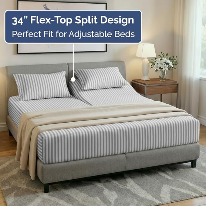 Split Head King Sheet Set – 4 Piece Flex Split Top King Sheets for Adjustable Beds - Fits 14” to 16" Mattress w/ Deep Pockets - Breathable & Cooling - Luxury Bedding and Wrinkle Free - Grey Stripes 2