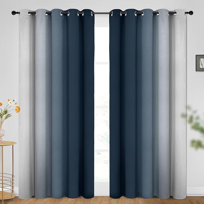 SimpleHome Ombre Navy Blue to Grey White Curtains - Image 2