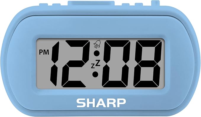 Sharp Battery Alarm Clock with Soft-Touch Case and Backlight, Light Blue | by SHARP