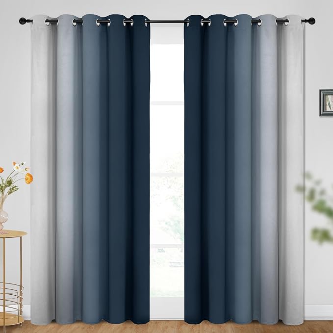 SimpleHome Ombre Navy Blue to Grey White Curtains - Image 2