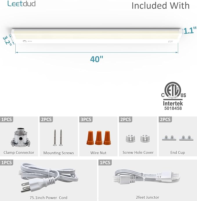 Leetdud Under Cabinet Lighting Plug in or Hardwired Built-in Dimmer, 40 Inch 20W, 5CCT 2700/3000/3500/4000/5000K, Linkable Counter Lights for Kitchen, ETL Dimmable LED Light Fixture, White