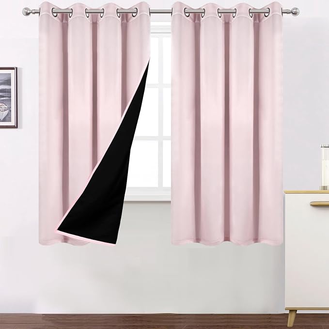 100% Blackout Curtains 52 x 63 Inches Long Thermal Insulated Baby Pink Curtains by Lemomo
