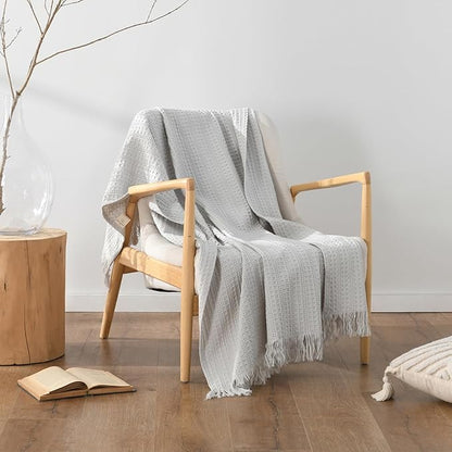 100% Cotton Waffle Blanket with Fringe, Pre-Washed Waffle Weave Blanket for All Season, Lightweight Breathable Soft Cozy Throw Blanket for Couch, Bed, Travel (Light Grey - 50x60 Inches)