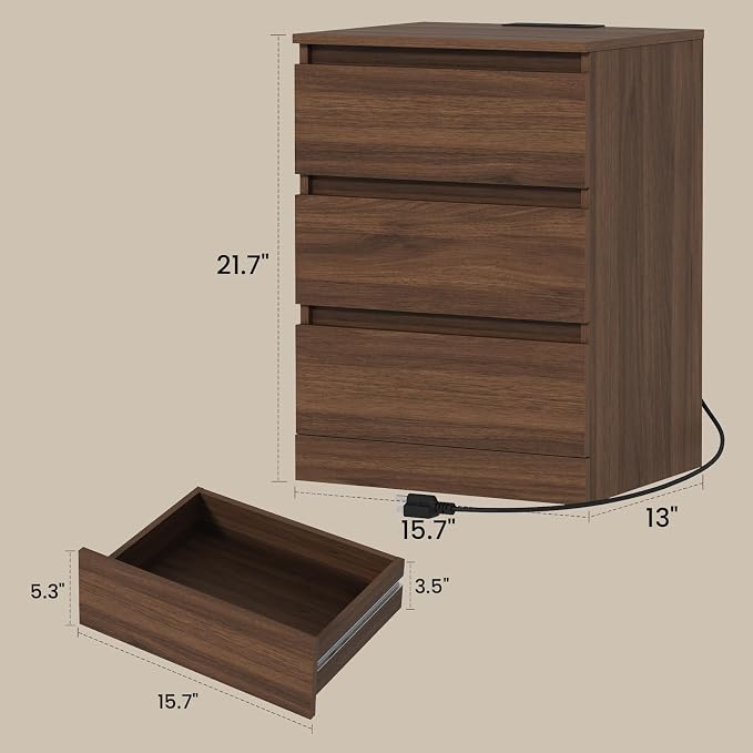 Nightstands Set of 2 with Charging Station and Drawer, Walnut | Bedside Tables - Image 3