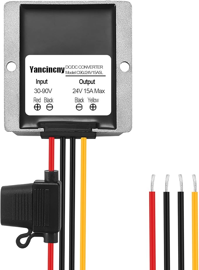 Yancincny 360W 24A 15V DC-DC Buck Converter 36V 48V 60V 72V 84V to 24V 15A Transformer - 30-90V Step Down to 24V Waterproof Power Supply with Fuse for Golf Cart/Truck/RVs/Marine/Solar
