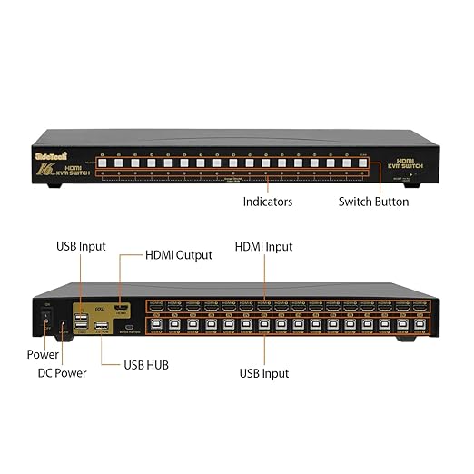 JideTech HDMI USB KVM Switch 16 Port Up to 4K@30Hz Resolution with USB 2.0 Hub Support Hotkey Mouse Switching for Linux, Windows, Mac, Unix