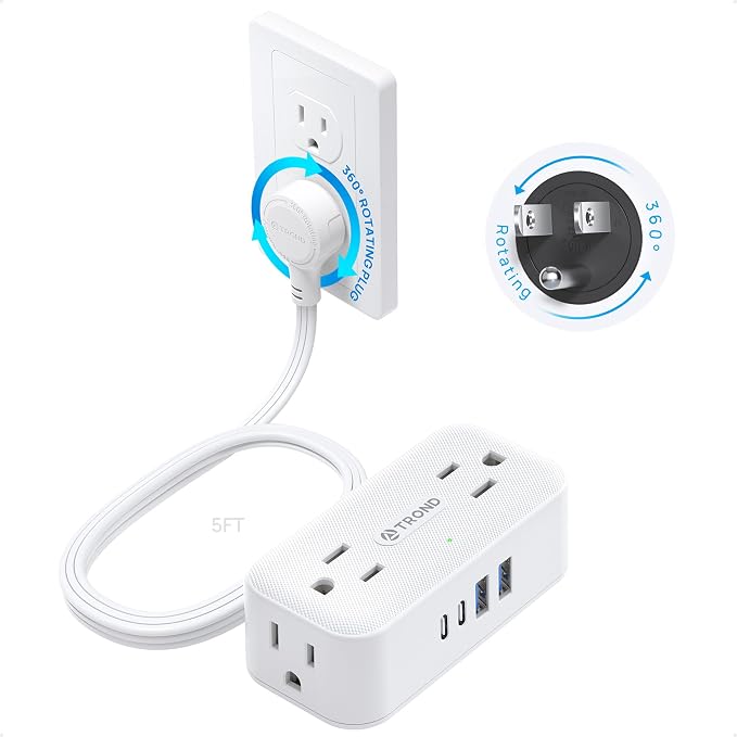 TROND 360° Rotating Flat Plug Power Strip 5ft, 4 Widely AC Outlets, Wall Mount by TRONDOfficial