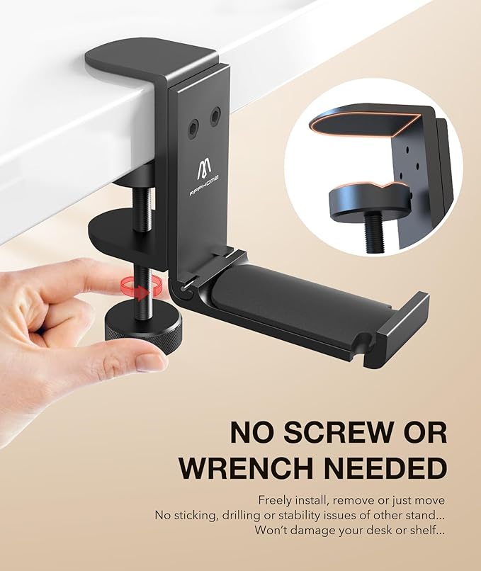 APPHOME Headphone Stand Hook for Desk, Foldable Under Table Headset Holder with Built-in Cable Clip Organizer, Clamp Hanger Mount for PC Gaming, Office, Backpack, Bag, Purse Hanging