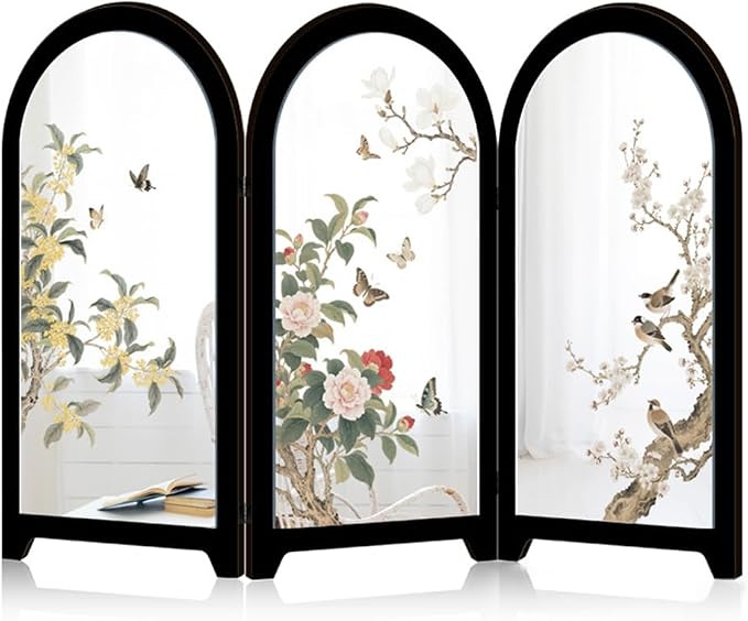 Mini Folding Screen, 3 Panel Divider, Chinese Style Vintage Desktop Mirror by KABAKE