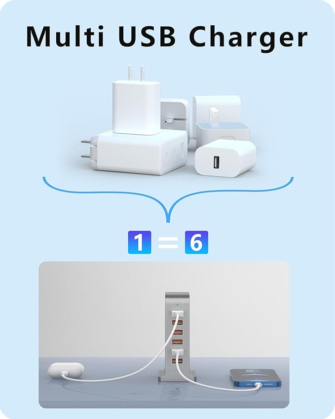 VPSUN USB Charger 6 Port 50W Multi USB Tower Charging Station for Multiple Devices iPhone 15/14/14 Pro/14 Pro Max/13 Pro/13 Pro Max/Android/Samsung/Tablet,etc (Gray, 50W)