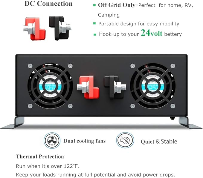 WZRELB 5000W 24VDC 120VAC Pure Sine Wave Power Inverter, 2 AC Outlets, Wired Remote Control, RV (RBP-500024WR)