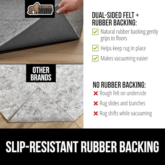 GORILLA GRIP Felt and Natural Rubber Stay in Place Slip Resistant Rug Pad, 1/4in Thick, 9x12 FT Protective Padding Under Area Rugs, Cushioned Gripper Pads, Carpet Runners, Hardwood Floors Protection