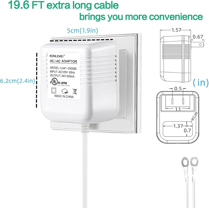 KONLEMEI Doorbell Power Adapter, 24V Transformer Compatible with Video Doorbell, 20ft/6M,White
