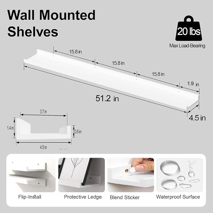 White Floating Shelves for Wall Decor, 52 in Shelf - Image 3