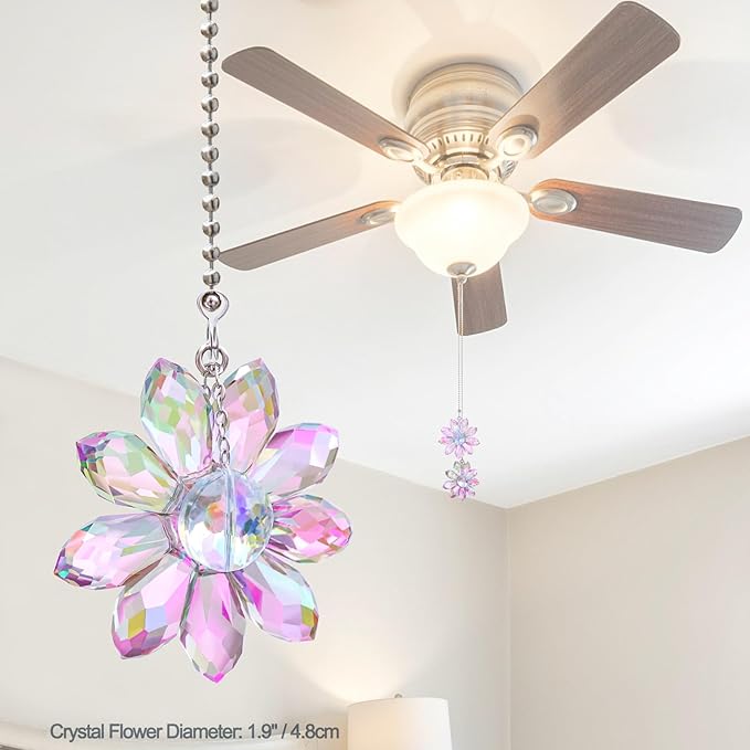 LEFERS Ceiling Fan Pull Chain, 2 Pieces 1.8" Crystal Glass Flower Pendants with 24" Ceiling Fan Chain Extender and Connector (Purple)