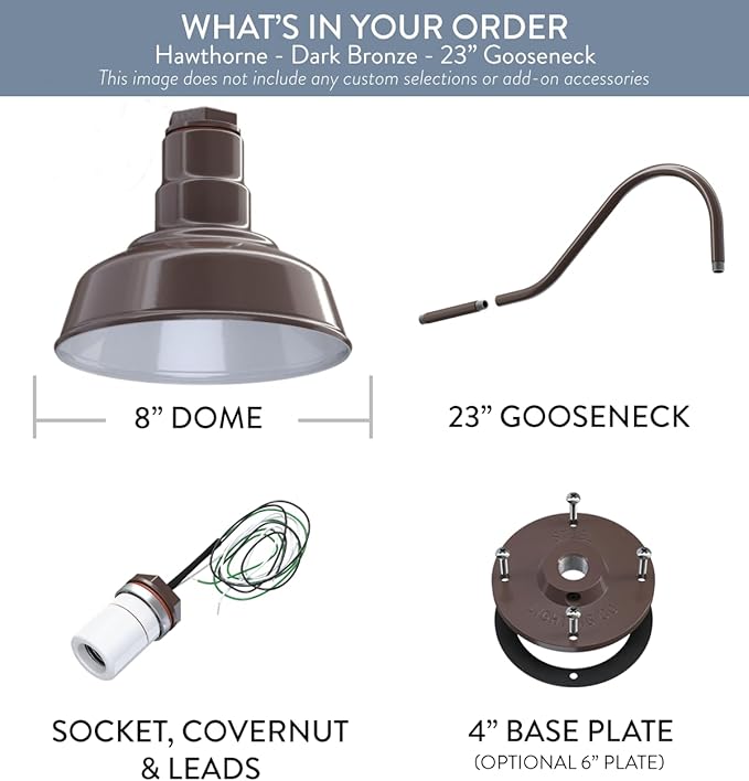Steel Lighting Co. Hawthorne Barn Light | Outdoor Wall Mounted | 8 inch Dome | 23 inch Gooseneck| Small Farmhouse Light Made in America | Dark Bronze Exterior/White Interior