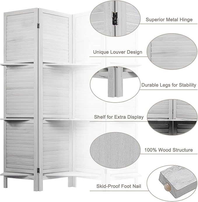 Room Divider with Shelves, 6 Panel Grey Privacy Screen | Partition Room - Image 4