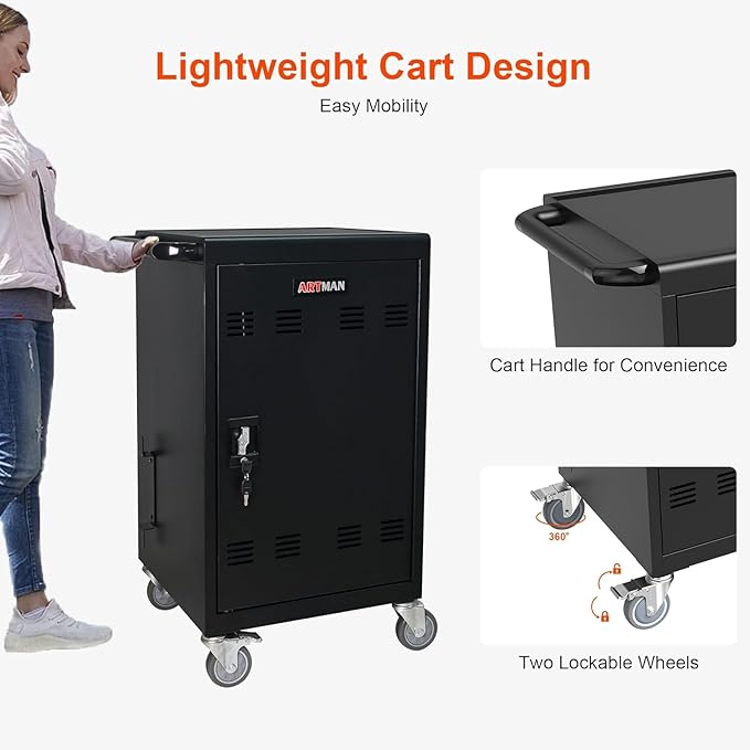 Aokleo 32 Devices Laptop Charging Cart, Tablet Storage Carts for Pad Up to 16.3" Screen Size, Classroom Computer Mobile Charging Station for Pads,Chromebooks,Laptops,Security Storage (Black)