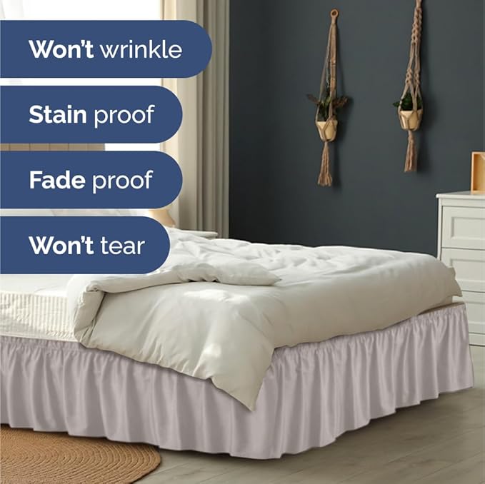 Wrap Around Dust Ruffle Bed Skirt - Light Grey - for Queen Size Beds with 12 Inch Drop - Elastic Strap - Adjustable Pleated Bedskirt with Brushed Fabric and Wrinkle Free - For Women, Men, Kids & Teens