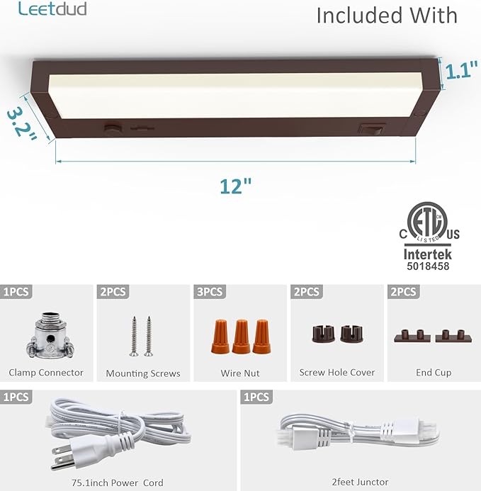 Leetdud Under Cabinet Lighting Plug in or Hardwired Built-in Dimmer, 12 Inch 6W, 5CCT 2700/3000/3500/4000/5000K, Linkable Counter Lights for Kitchen, ETL Dimmable LED Light Fixture, Bronze