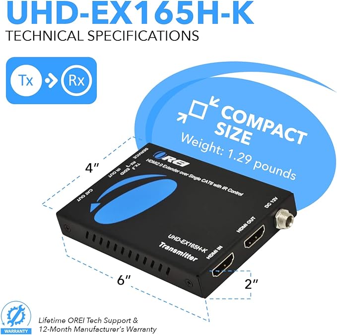OREI HDMI Extender UltraHD Over Single Cat6/Cat7 Cable 4K @ 60Hz with HDR & IR Control - Up to 165 ft EDID Management