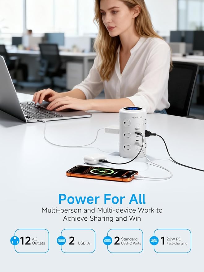 Tower Power Strip with 1 Dedicated PD 20W Fast-Charging Port, 12 Outlets, 5 USB Ports (3 USB-C), 1800J Protector, Desk Charging Station for Multiple Devices,10FT Extension Cord, Home Office Essentials