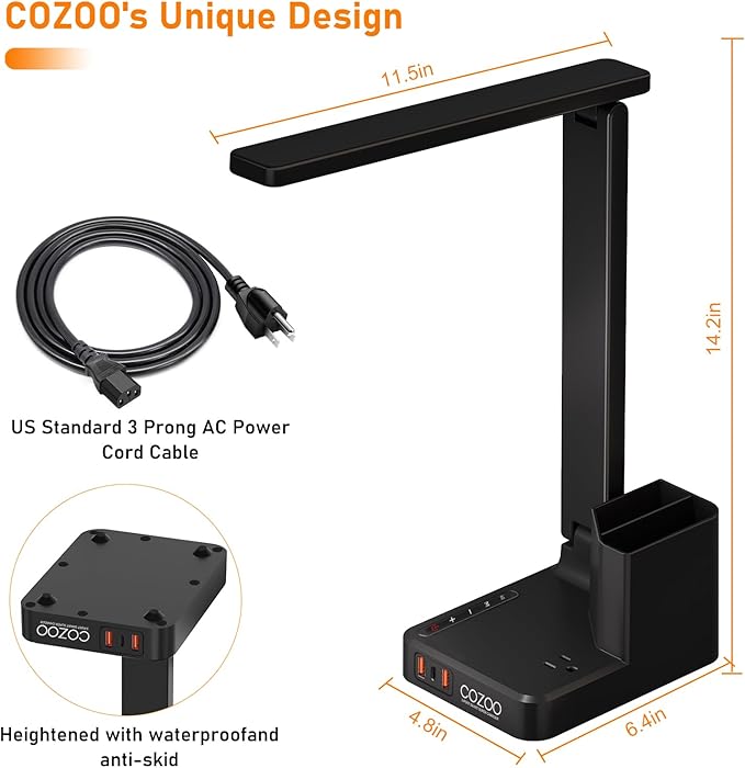 LED Desk Lamp with 3 USB Charging Ports 1 AC Outlet Small Table Lamp for Home Office/Bedroom/Study/College/Dorm Room Essentials, Foldable Reading Light w/Pen Holders for Craft/Artist/Puzzle/Nail/Task