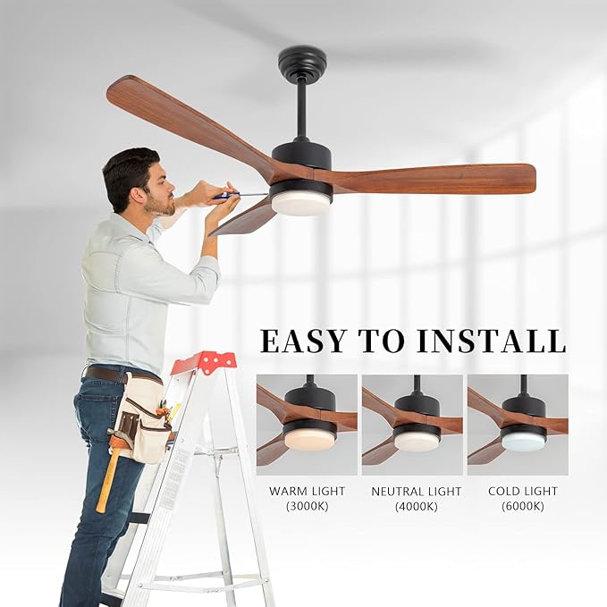 revoici 52 Inch Solid Wood Ceiling Fans With Lights, Low Profile Ceiling Fan with Light and Remote, Reversible DC Motor, Indoor Outdoor 3 Blade Ceiling Fan Light for Bedroom Living room Farmhouse