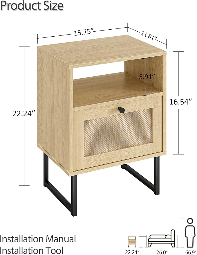 Masupu Rattan Nightstand, Modern Boho Farmhouse Wood Bedside Table - Image 2