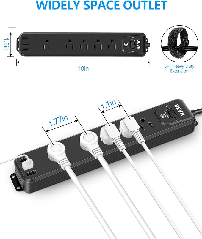 2 Pack Surge Protector Power Strip, 10FT Long Extension Cord with 5 Widely Spaced Outlets 3 USB Ports (1 USB C Port), Flat Overload Protection, 900 Joules, Wall Mount for Home Office Dorm, ETL Listed