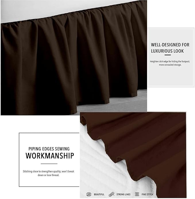 Chocolate Solid Ruffled Bed Skirt Short Queen-24 Inch Drop Split Corner, Microfiber Bedskirt with Platform Three Sided Coverage