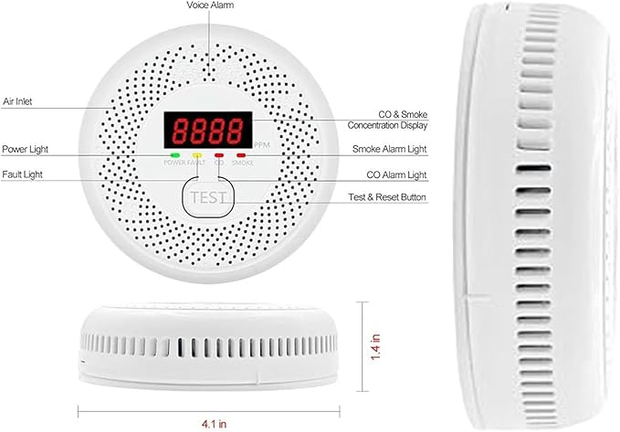 Vzmcov Carbon Monoxide and Smoke Detector LCD Display, Battery Powered, Dual sensors, 85dB Voice Alarm and Real-time Tracking, Suitable for Home/Kitchen/Bedroom/RV (Small Screen, 1Pack-CO&Smoke)
