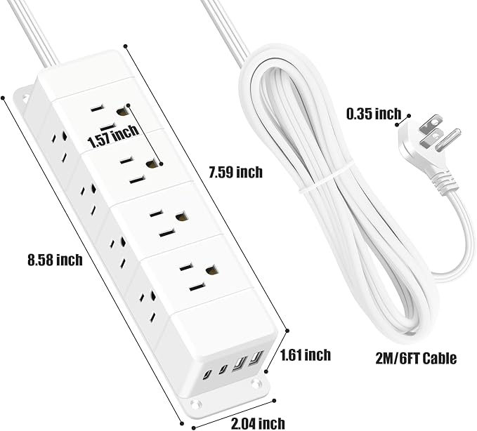 45W USB-C Fast Charging Under Desk Power Strip,12 Outlet Mountable Power Strip with 4 USB,1200J Surge Protection,10FT Flat Extension Cord