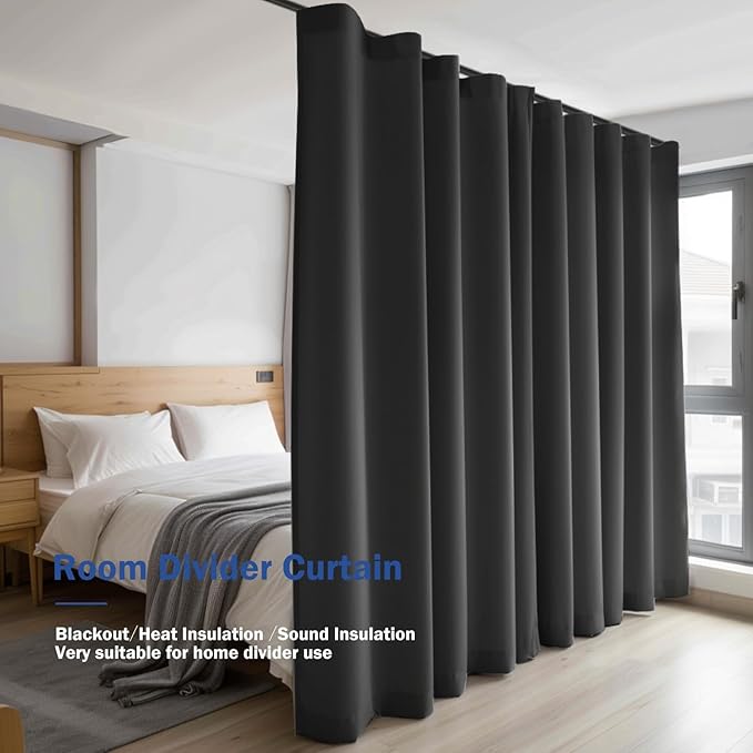 Room Divider Blackout Curtain Track Curtains Wall Dividers Panels Screen for Living Rooms Bedroom Office Privacy Partition Separation, W120 × L120 Inch,1 Panel, Black