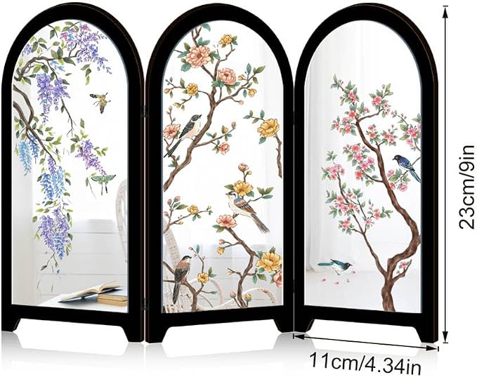 Mini Folding Screen, 3 Panel Divider, Chinese Style Vintage Desktop Mirror - Image 2