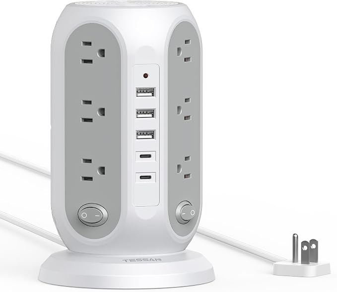 TESSAN Tower Power Strip Surge Protector, Flat Extension Cord 6 Ft, 5 USB Ports by TESSAN