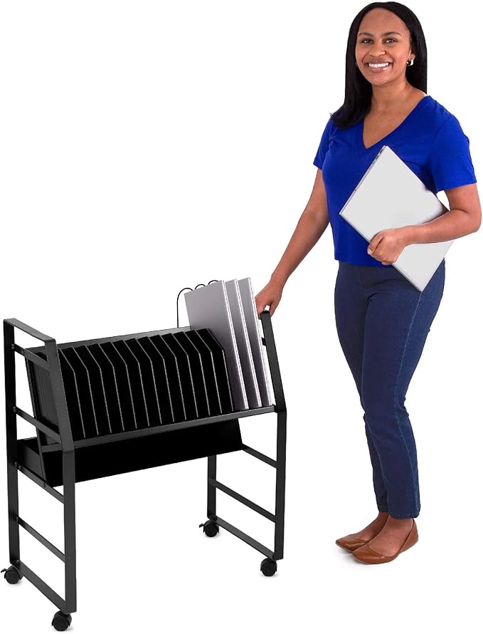 Line Leader 16-Device Mobile Charging Station | Steel Rolling Cart for Laptops, Tablets, & Chromebooks | Open Design with Dividers & UL-Certified Surge Protection | Portable Charging Stand (Black)