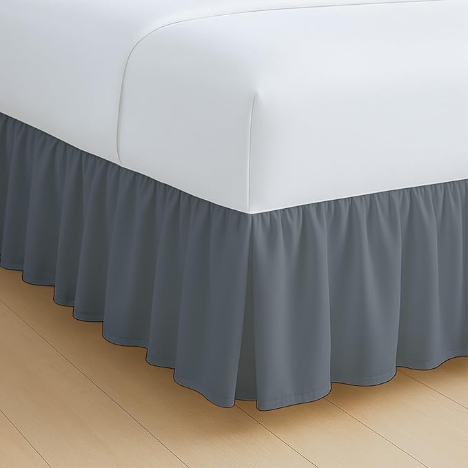 Rajlinen Ruffled Bed Skirt Twin XL, 14 Inch Drop Dust Ruffle with Split Corners, 100% Microfiber Bedskirt with Platform, Three-Sided Coverage Ruffled Gathering Design, Dark Grey