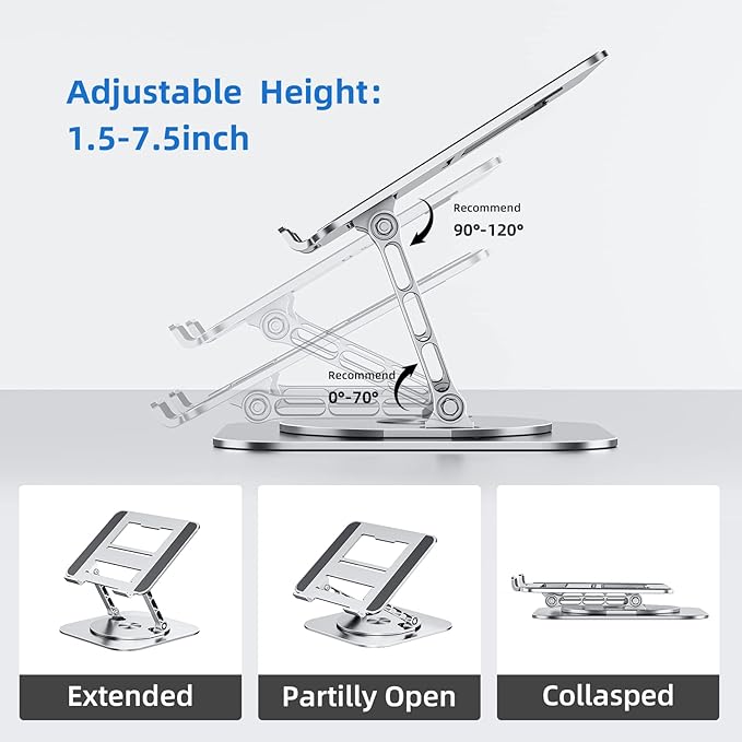 MCHOSE Laptop Stand with 360° Rotating Base, Foldable Adjustable Computer Holder, Ergonomic Design Compatible with MacBook Air Pro, Dell XPS, HP, Lenovo More 10-17" (A-Silver)