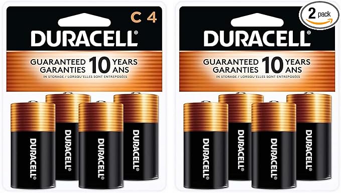 Duracell Coppertop C Batteries, 4 Count Pack, C Battery with Long-Lasting Power, All-Purpose Alkaline C Battery for Household and Office Devices (Pack of 2)